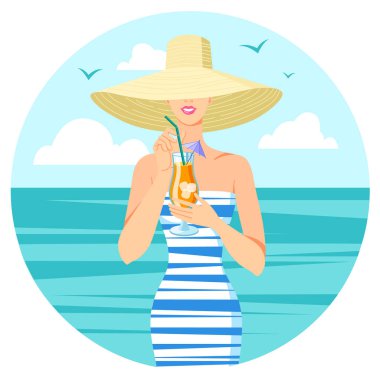 Hasır şapkalı yaz kızı, kokteylli klasik mayo, vektör çizimi..