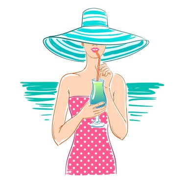 Şapkalı ve mayo giymiş bir kız, beyaz arka planda el çizimi bir vektör çizimi..