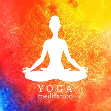 Yogadaki kadın silueti dekoratif mandala süsü ve renkli suluboya nokta arka planı, tasarım için vektör çizimi, yoga stüdyosu için şablon.