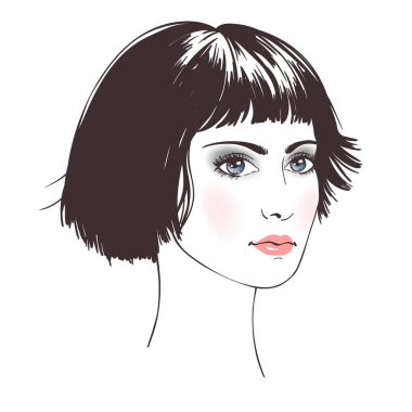 Kısa saçlı, eskiz, moda el çizimleri olan güzel genç kadınlar..