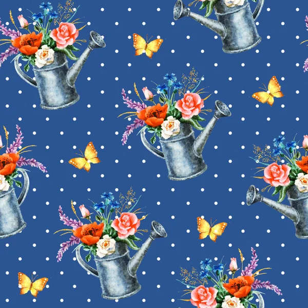 Watercolor Hand Paint Seamless Pattern Bouquet Watering Can Butterflies — Stock Photo, Image