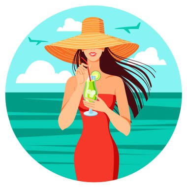 Hasır şapkalı yaz kızı, kokteylli klasik mayo, vektör çizimi..