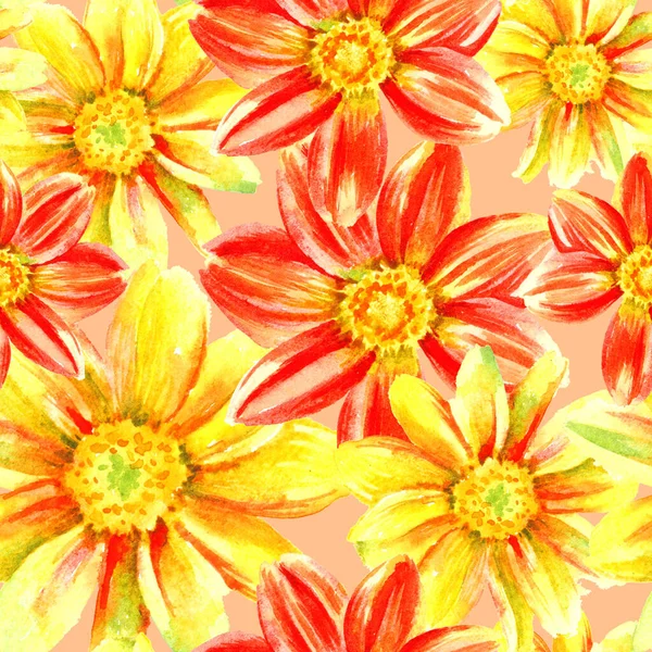 Dahlia Rosso Giallo Acquerello Mano Dipingere Fiori Modello Senza Soluzione — Foto Stock