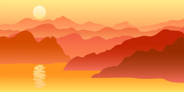 Sunset Sunrise Sea Vector Panorama Mountains Landscape Background — Stock Vector