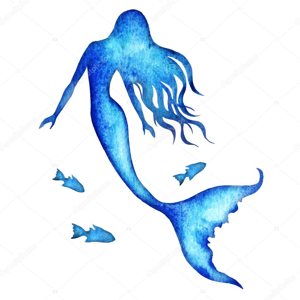 Mermaid, hand painted watercolor vector silhouette illustration on white background.