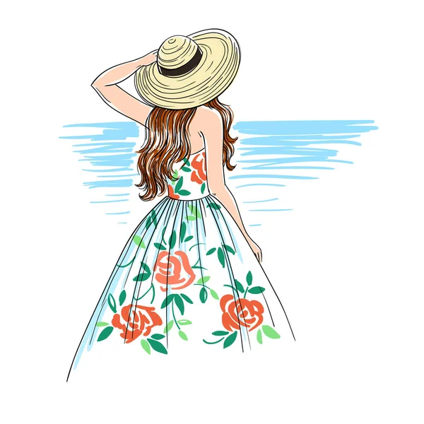 Chica Sombrero Paja Vestido Vintage Vector Verano Scketch Ilustración Moda — Archivo Imágenes Vectoriales