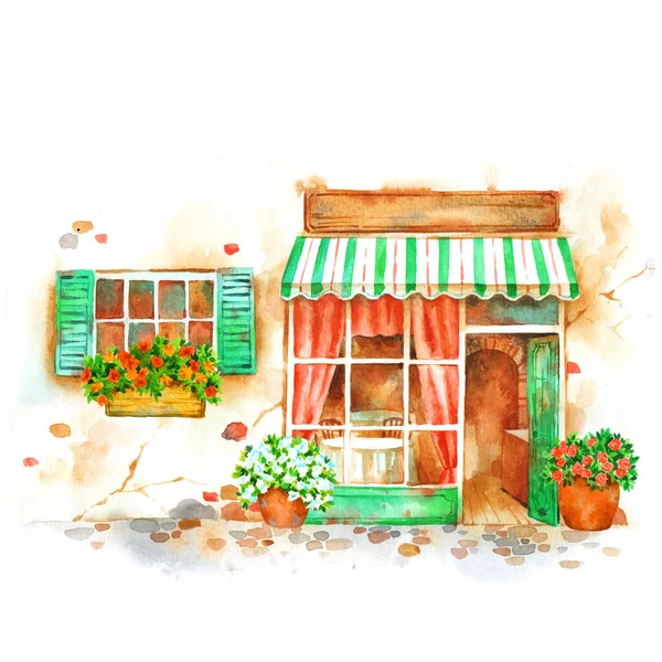 Fachada Café Pequeno Mão Vintage Pintado Aquarela Ilustração — Fotografia de Stock