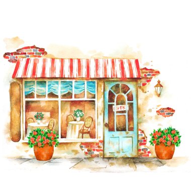 Küçük kafe cephesi, eski el yapımı suluboya resimleme..