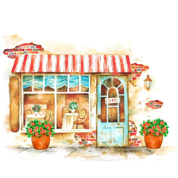 Küçük kafe cephesi, eski el yapımı suluboya resimleme..