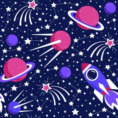 Uzay elementleri: gezegenler, uzay gemisi, uydu, yıldızlar, takımyıldızlar. Vektörsüz desen.