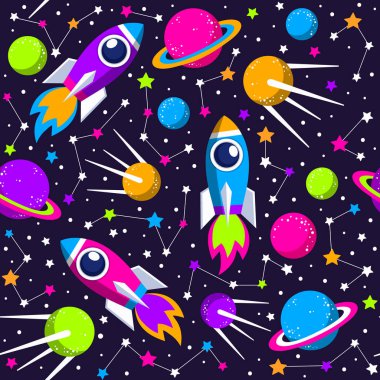 Uzay elementleri: gezegenler, uzay gemisi, uydu, yıldızlar, takımyıldızlar. Vektörsüz desen.