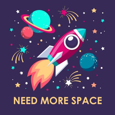 Daha fazla alana, postere, roketli uzay kartı tasarımına, gezegenlere ve yıldızlara, vektör illüstrasyonuna ihtiyacım var..