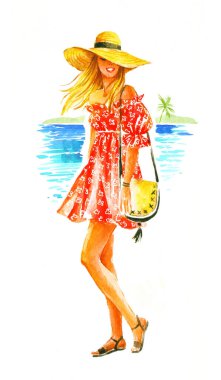 Hasır şapkalı, güneş gözlüklü, kırmızı elbiseli, yaz görünüşlü, beyaz arkaplanda suluboya resimli kız..