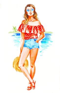 Güneş gözlüklü kız, yaz manzaralı, beyaz arka planda suluboya moda resimli..