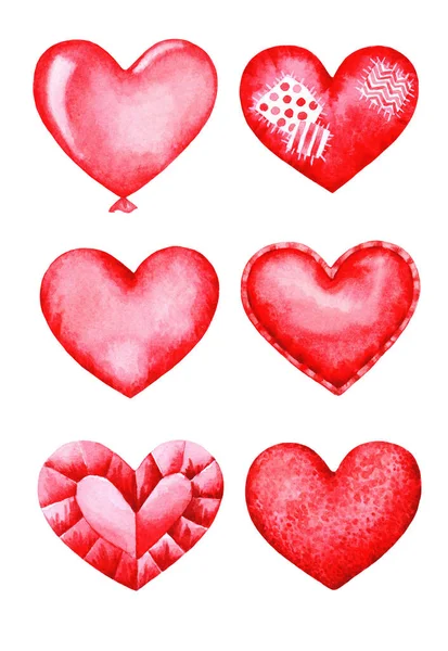 Σύνολο Κόκκινες Καρδιές Διαφορετικές Υφές Κρύσταλλο Ύφασμα Πούλιες Γυαλί Χειροποίητη — Φωτογραφία Αρχείου