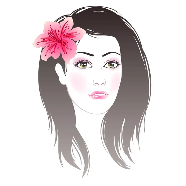 Beautiful Young Women Long Hair Flower Sketch Fashion Hand Drawn — Vector de stock