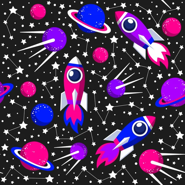 Space elements: planets, spaseship, satellite, stars, comets, constellations. Vector seamless pattern.