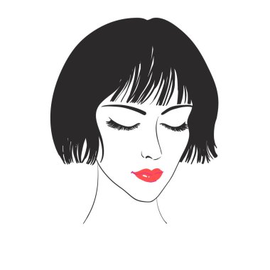 Kısa saçlı, eskiz, moda el çizimi vektör illüstrasyonlu güzel kadınlar..