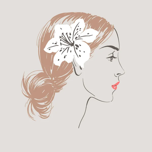 Beautiful Young Women Profile White Flower Bride Fashion Sketch Vector — Stock Vector