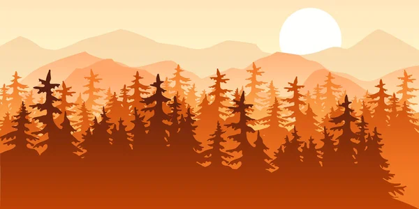 Herbstlandschaft Sonnenuntergang Sonnenaufgang Berge Und Kiefernwald Vektorillustration — Stockvektor