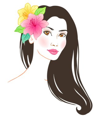 Hawaii 'li bir Asyalı kızın portresi, vektör eli renkli çizim.