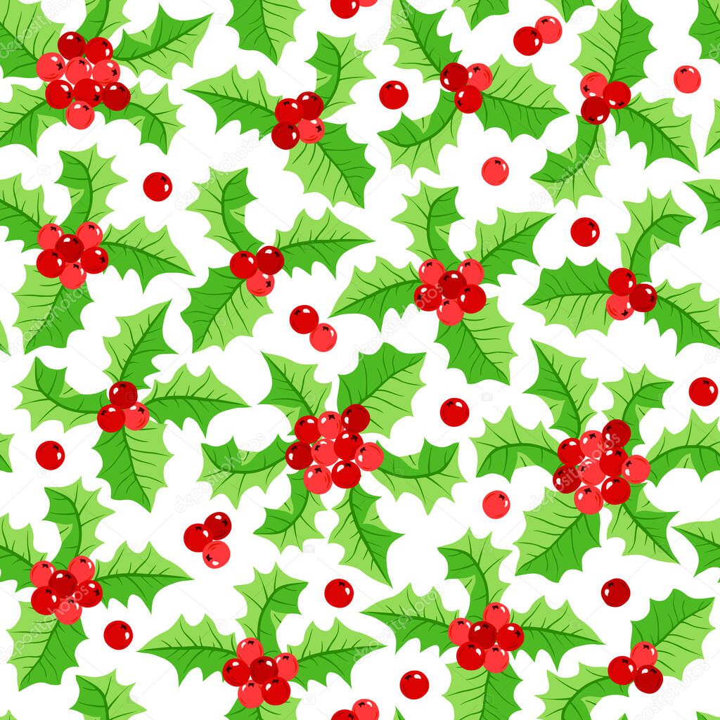 Holly berry, vector illustration on white background, Merry Christmas lettering, holiday greeting card.