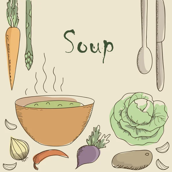 Вегетарианский суп и овощи . — стоковый вектор