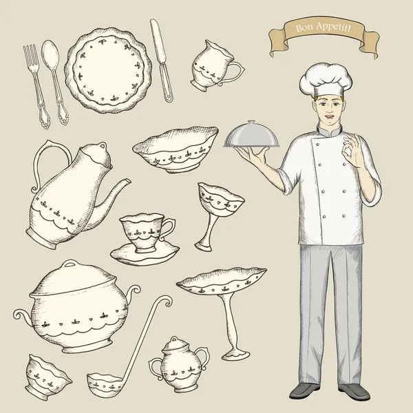Un juego de platos con el chef . — Archivo Imágenes Vectoriales