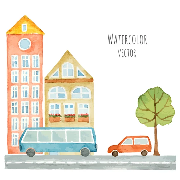 Akvarell delar av stadsplanering, hus, bilar. — Stock vektor