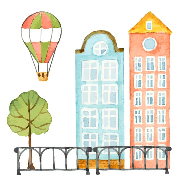 Akvarell delar av stadsplanering, hus, träd, staket, ballong — Stock vektor