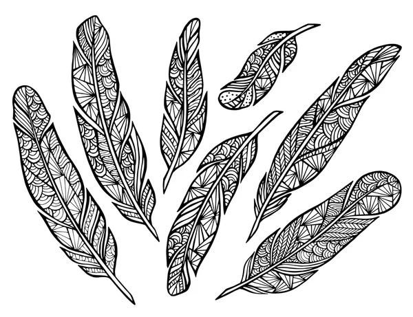 Zentangle plumas estilizadas hechas a mano — Vector de stock