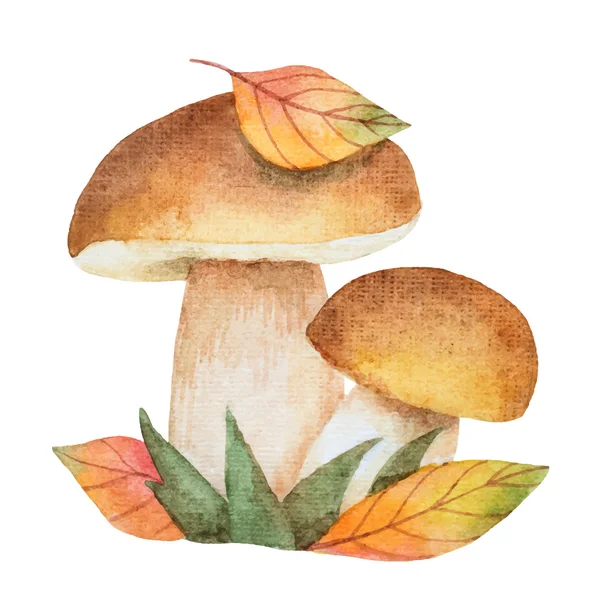 Sonbahar yaprakları ile suluboya mantar