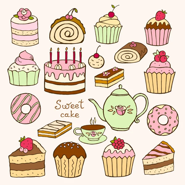 Conjunto de cupcakes dulces dibujados a mano — Vector de stock