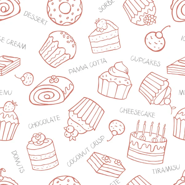 Nahtloses Muster aus süßen Cupcakes und Kuchen auf weißem Hintergrund — Stockvektor