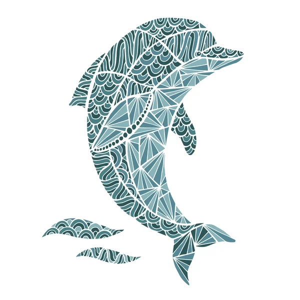 程式化的矢量海豚，孤立的白色背景上的 zentangle. — 图库矢量图片