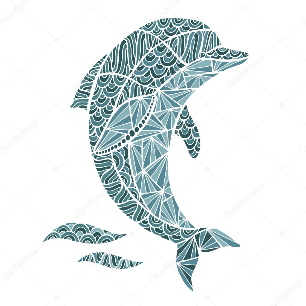 Stylized vector Dolphin, zentangle isolated on white background.