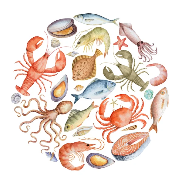Watercolor set of seafood. — Stock Image Watercolor set of seafood. Stock Image
