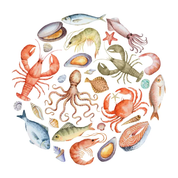 Watercolor set of seafood. — Stock Image Watercolor set of seafood. Stock Image
