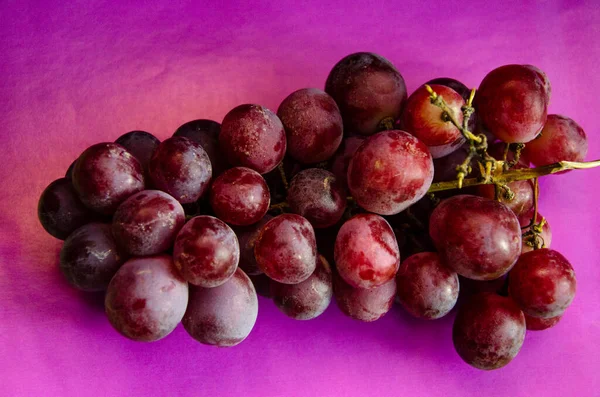 Eine Traube Roter Trauben Mit Einem Zweig Auf Violettem Hintergrund — Stockfoto