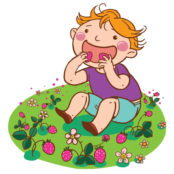 Мальчик ест клубнику — стоковый вектор