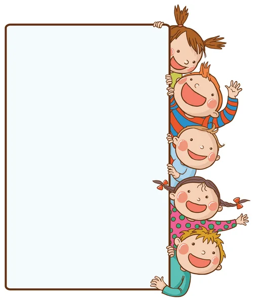 Niños espiando detrás de pancarta — Vector de stock