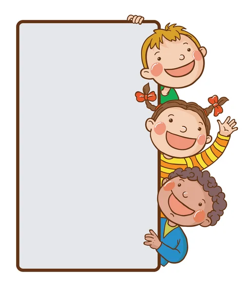 Niños espiando detrás de pancarta — Vector de stock