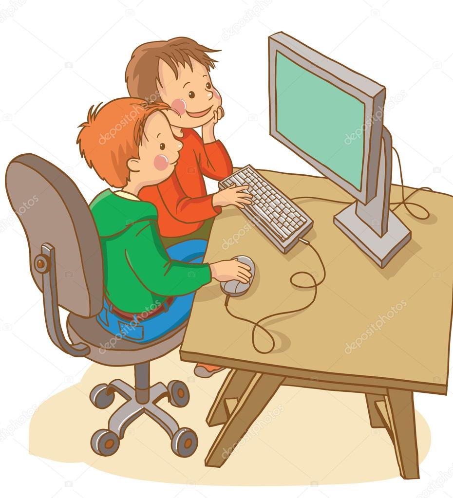 Niños estudiando con el ordenador — Vector de stock