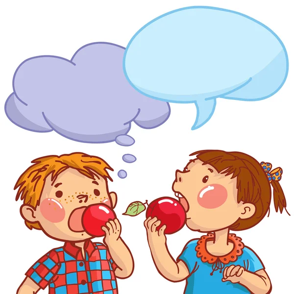 Ragazzo e ragazza mangiare mele — Vettoriale Stock