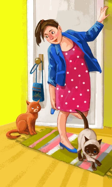 Mujer llegando a casa — Vector de stock