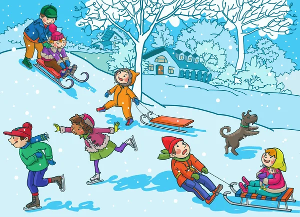 Niños jugando con nieve — Vector de stock