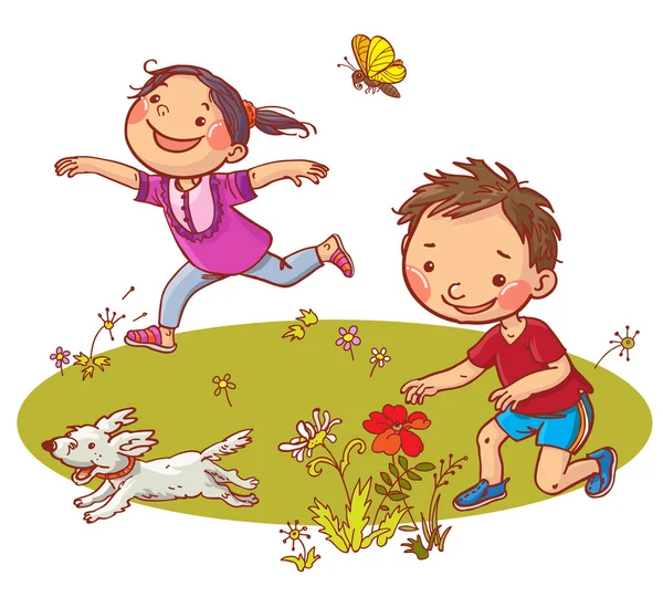 Bambini che corrono e raccolgono fiori — Vettoriale Stock