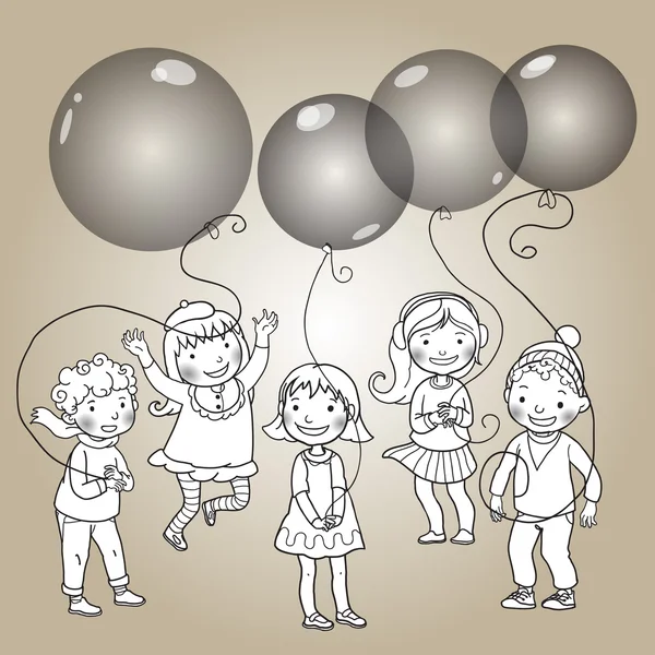 Niños felices con globos — Vector de stock