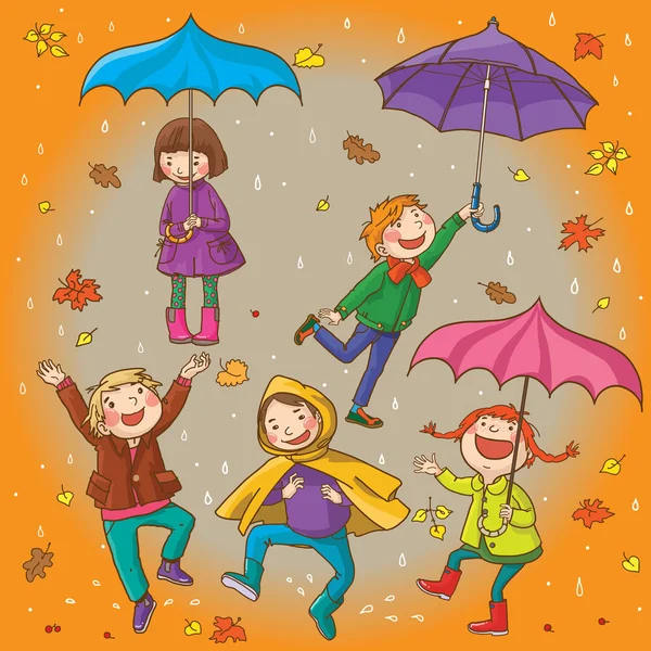 Kids playing under rain — Stock Vector