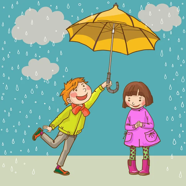 Junge schenkt Mädchen Regenschirm — Stockvektor